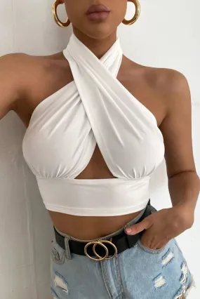 White Cross Front Halter Neck Underbust Top