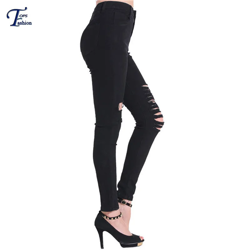 Women Jeans 2016 Brand Casual High Street Summer Fashion High Waist Ripped Slim Knee Hole Pencil Denim Pants