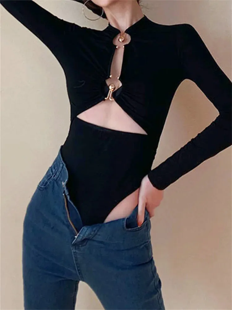 Women Vintage Long Sleeve Cut Out Bodysuits