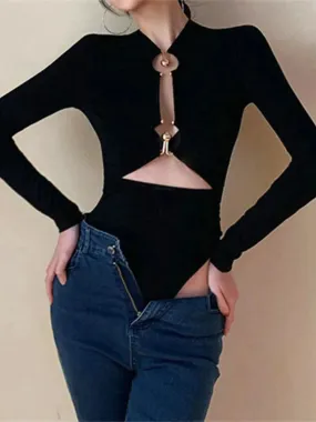 Women Vintage Long Sleeve Cut Out Bodysuits