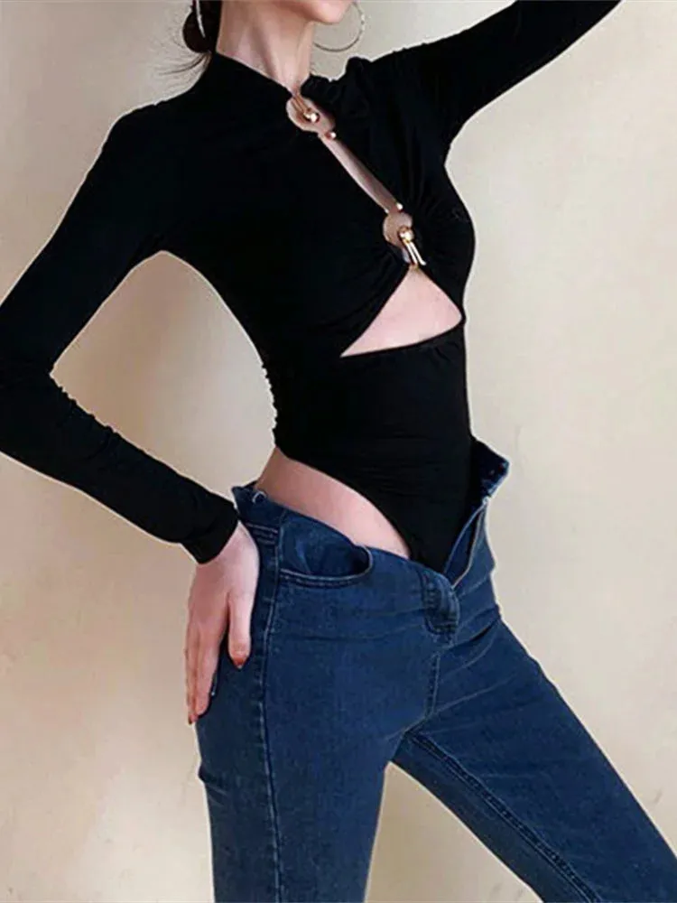 Women Vintage Long Sleeve Cut Out Bodysuits