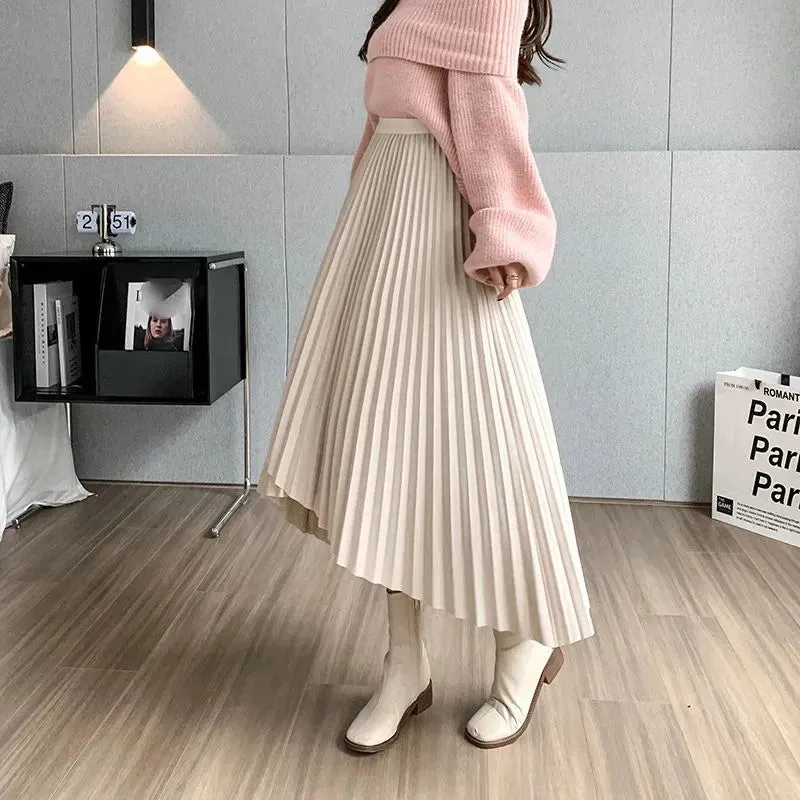 Women's High Waist Fashion Designer Pleated Asymmetrical Skirts (Midi)