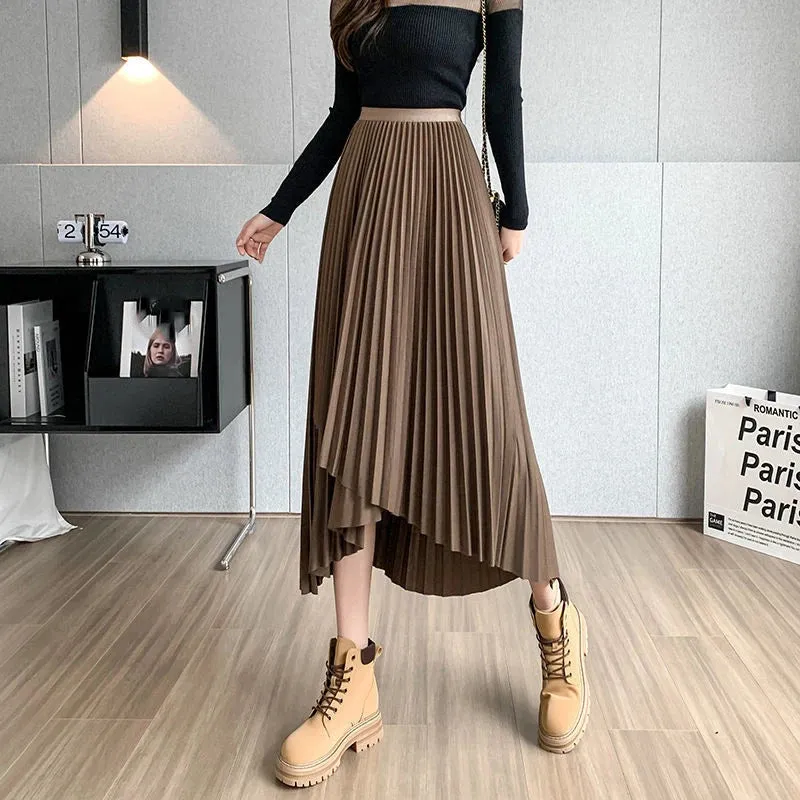 Women's High Waist Fashion Designer Pleated Asymmetrical Skirts (Midi)