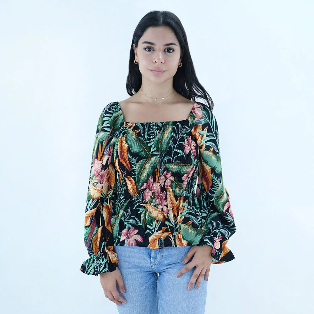 Women's Smocked Floral Ruffled Top,Multi