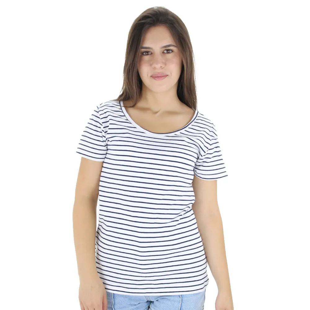 Women's Striped Casual T-Shirt,White/Navy