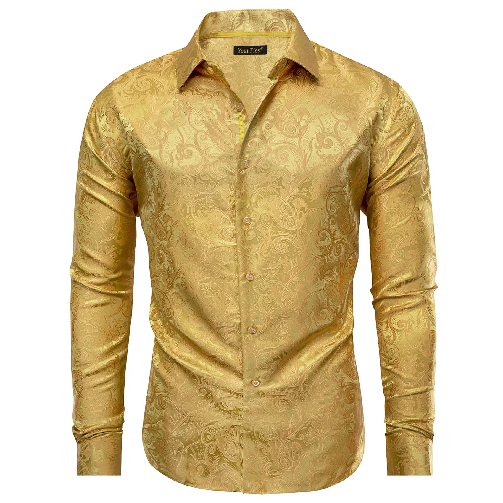 YourTies Satin Sheen Gold Long Sleeve Floral Jacquard Mens Dress Shirt