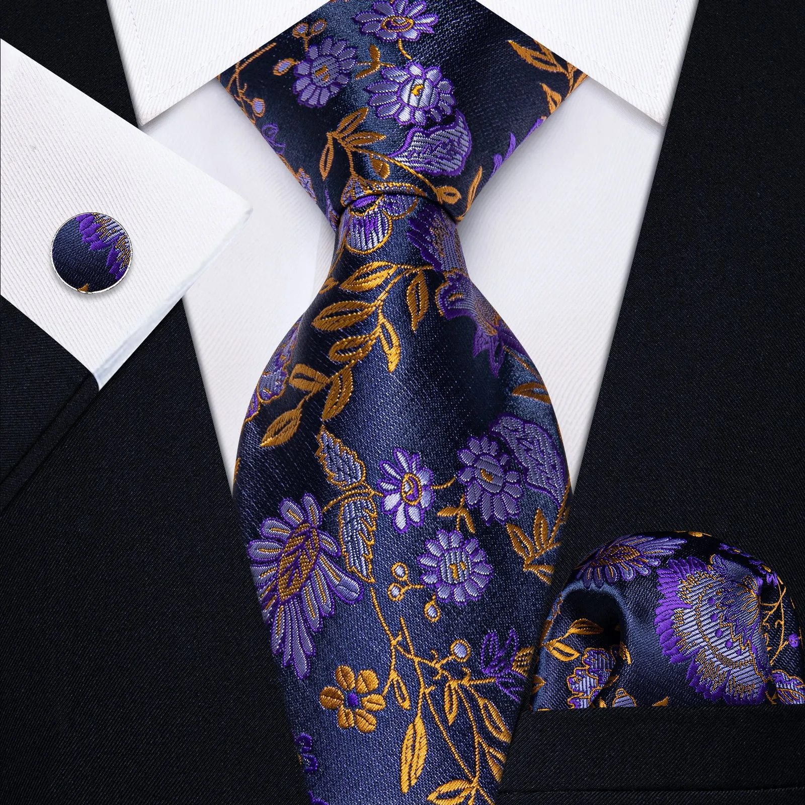 YourTies White Solid Long Sleeve Shirt with Dark Purple Floral Silk Tie for Men