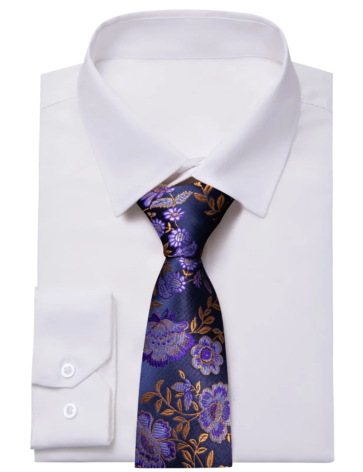 YourTies White Solid Long Sleeve Shirt with Dark Purple Floral Silk Tie for Men