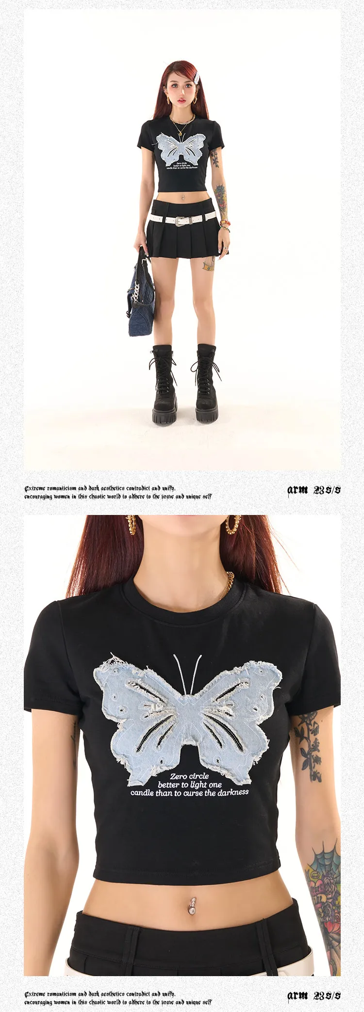 Zerocircle Blue Patchwork Butterfly Short Sleeve Cropped Top