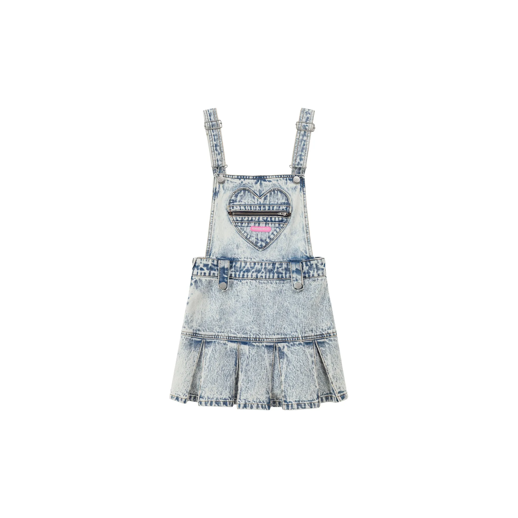 Zipper Heart Acid Wash Denim Overall Mini Dress