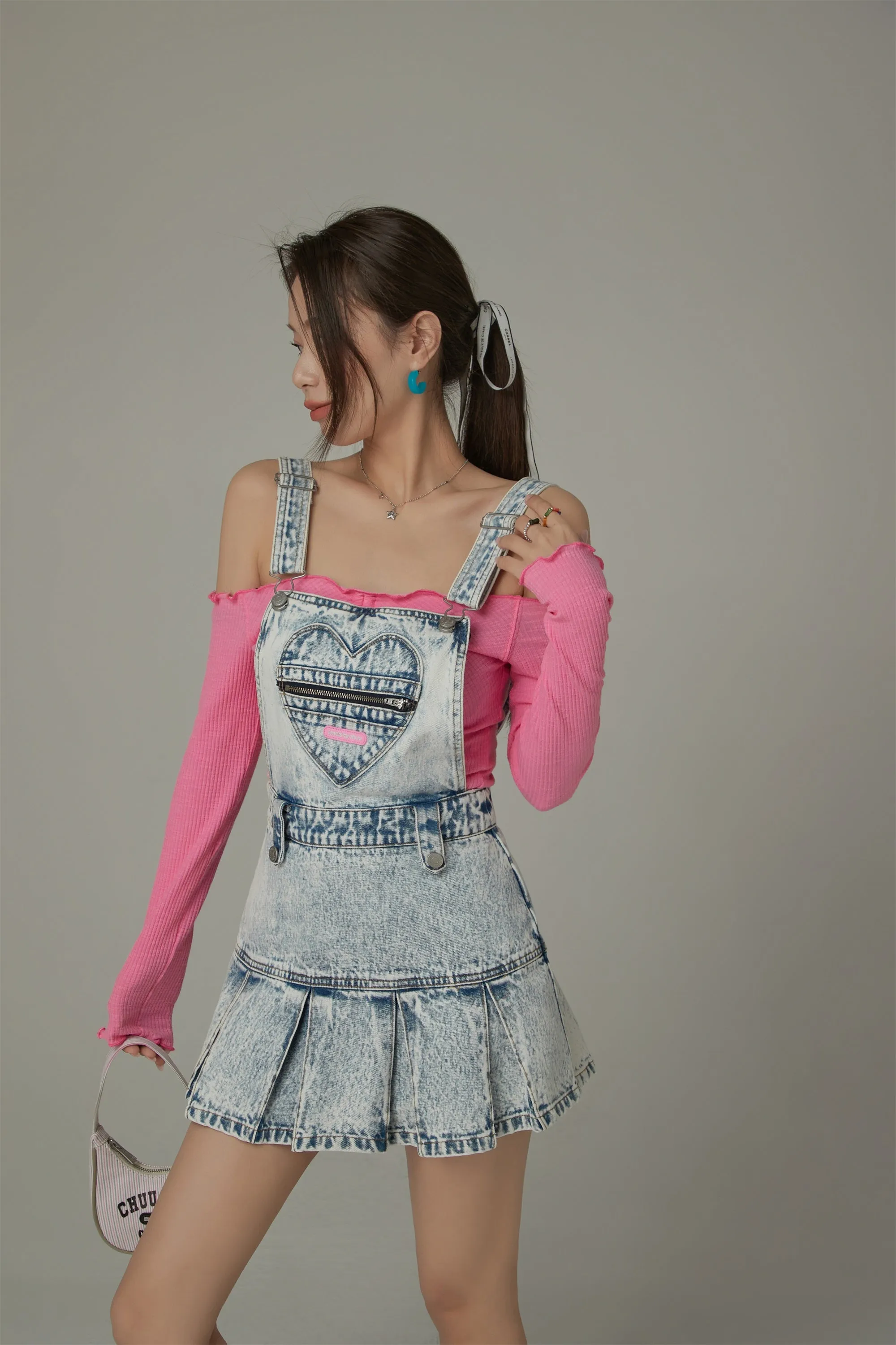 Zipper Heart Acid Wash Denim Overall Mini Dress